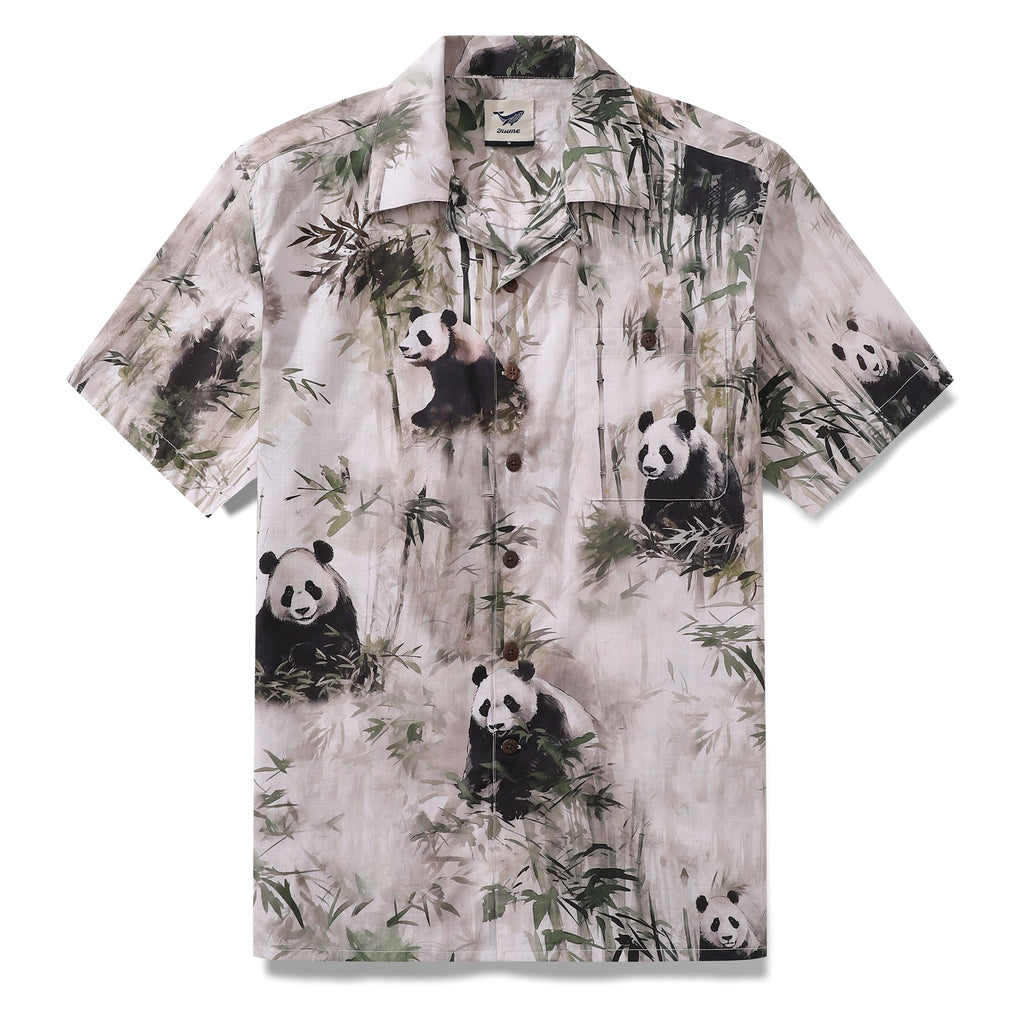 Cotton Hawaiian Shirt For Men Panda Bamboo Forest Print Shirt Camp Collar By Yakima