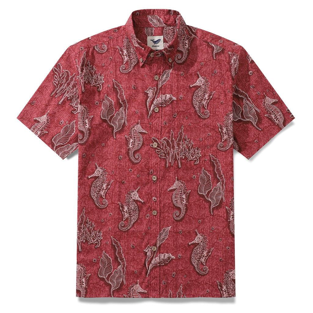 Red Hawaiian Shirt For Men Seahorses Shirt Button-down Short Sleeve 100% Cotton Shirt By Sun
