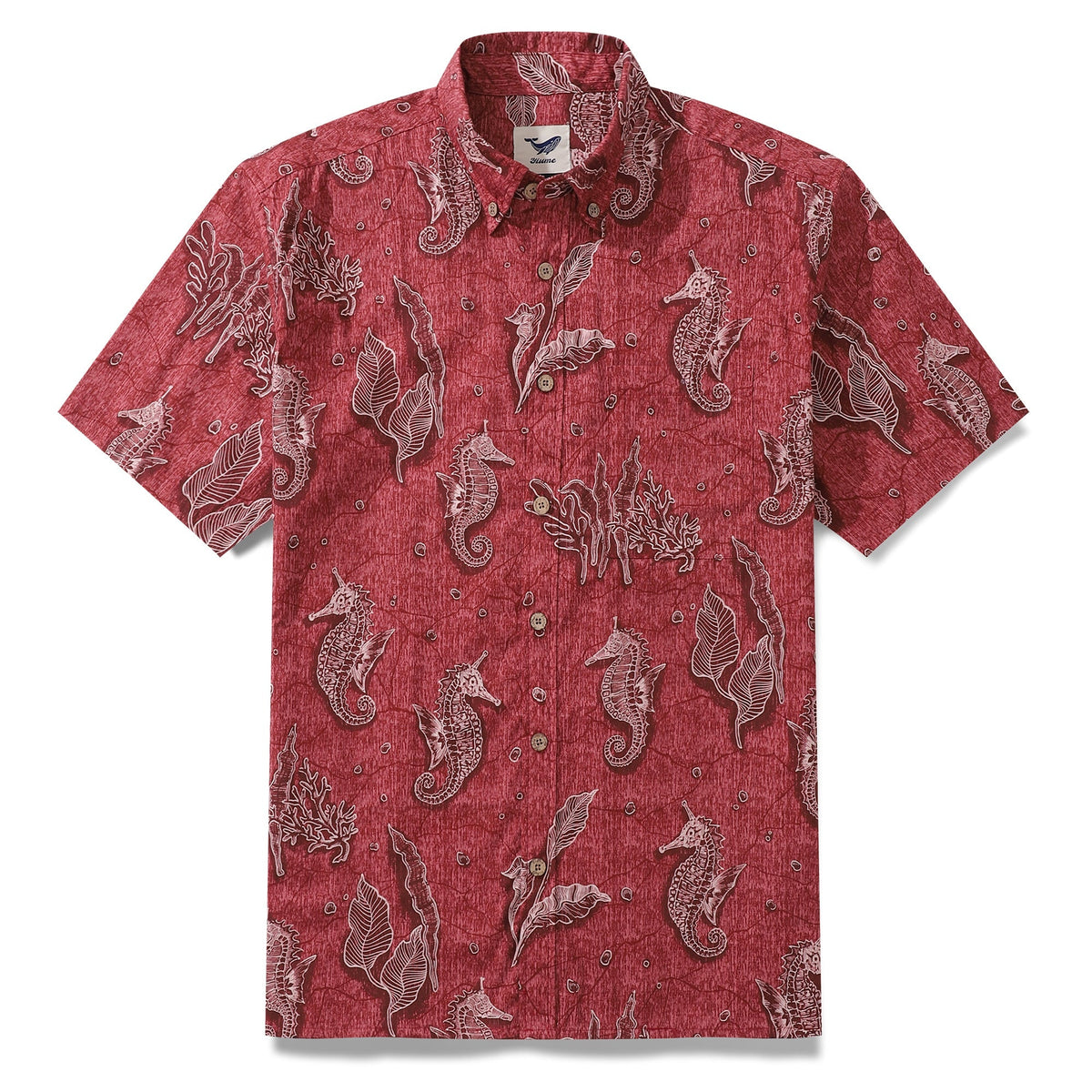 Red Hawaiian Shirt For Men Seahorses Shirt Button-down Short Sleeve 100% Cotton Shirt By Sun