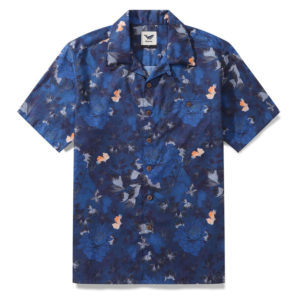 Dark Blue Hawaiian Shirt For Men Peony Shirt Camp Collar 100% Cotton Shirt By Seven