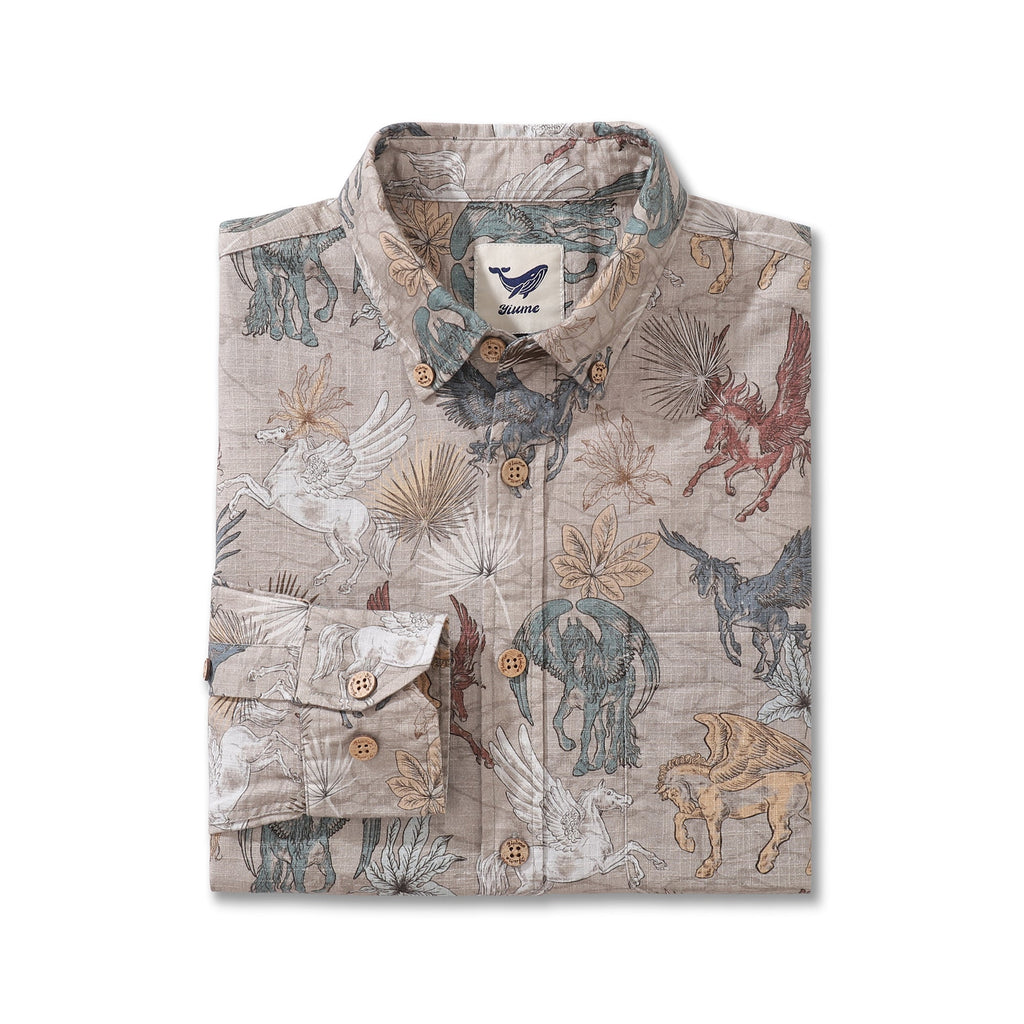 Men's Hawaiian Shirt Pegasus in Flight Cotton Button-down Long Sleeve Aloha Shirt By Sherry
