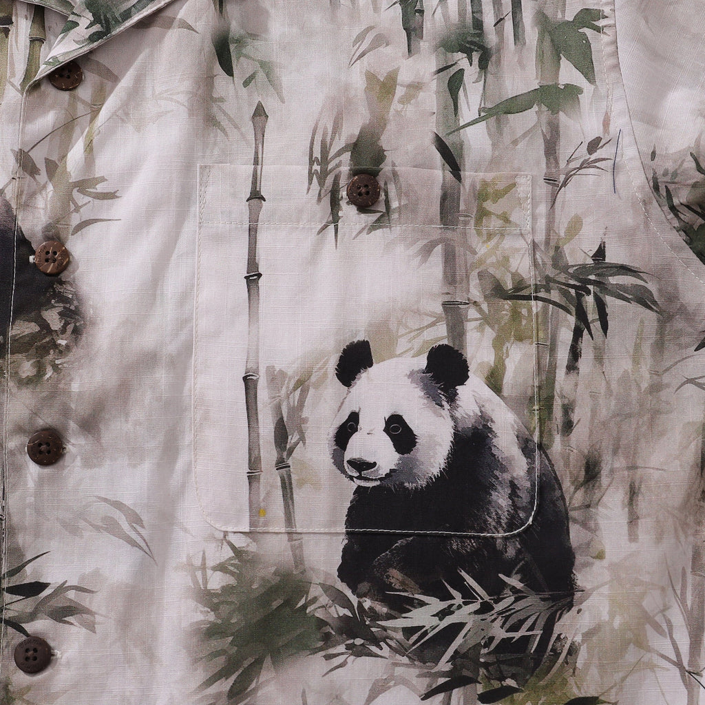 Cotton Hawaiian Shirt For Men Panda Bamboo Forest Print Shirt Camp Collar By Yakima