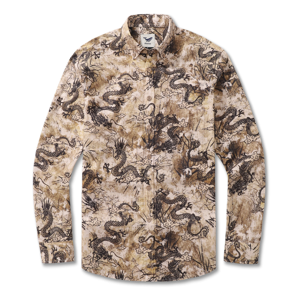 Long Sleeve Hawaiian Shirt For Men Dragon Totem Pattern Cotton Button-down Aloha Shirt By Sun