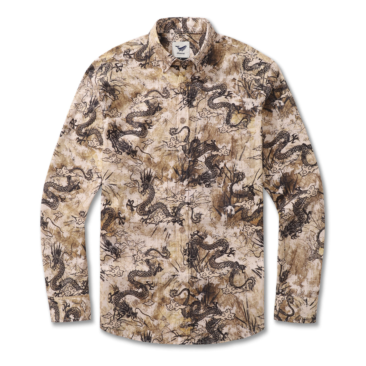 Long Sleeve Hawaiian Shirt For Men Dragon Totem Pattern Cotton Button-down Aloha Shirt By Sun