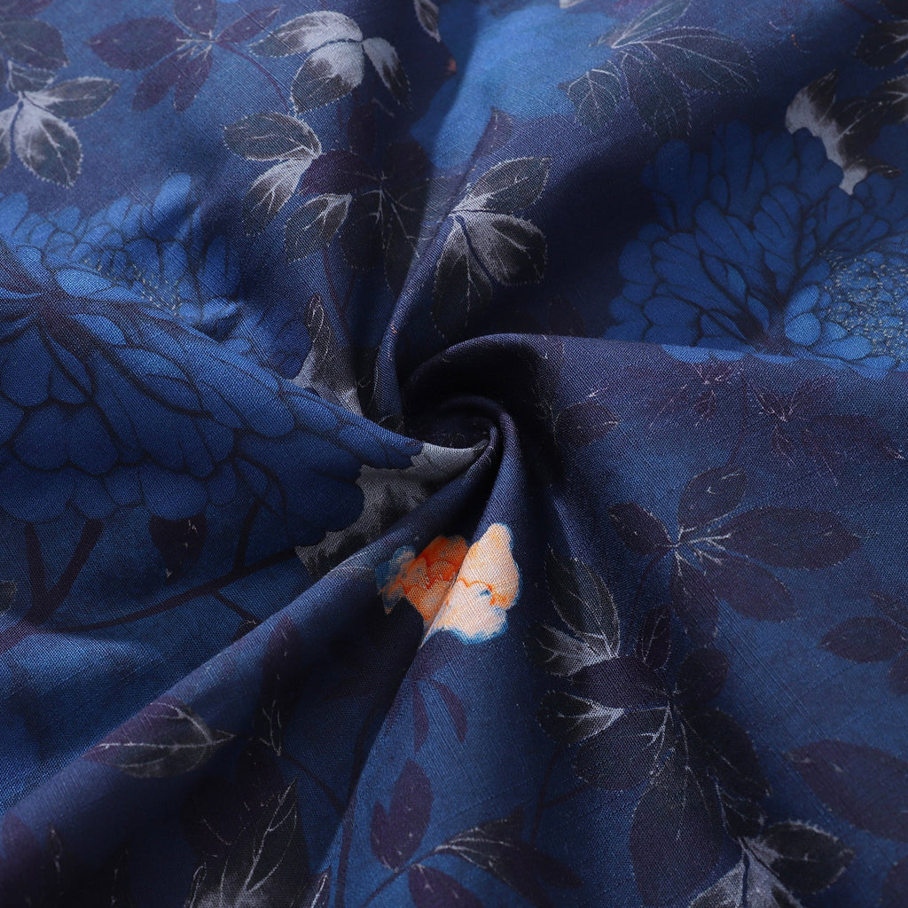 Dark Blue Hawaiian Shirt For Men Peony Shirt Camp Collar 100% Cotton Shirt By Seven