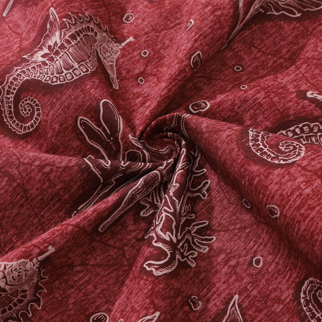 Red Hawaiian Shirt For Men Seahorses Shirt Button-down Short Sleeve 100% Cotton Shirt By Sun