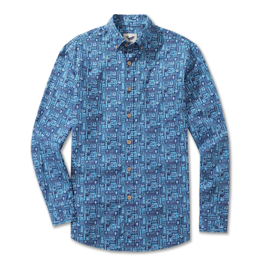 Men's Hawaiian Shirt TIKI Paradise Cotton Button-down Long Sleeve Aloha Shirt By Amy