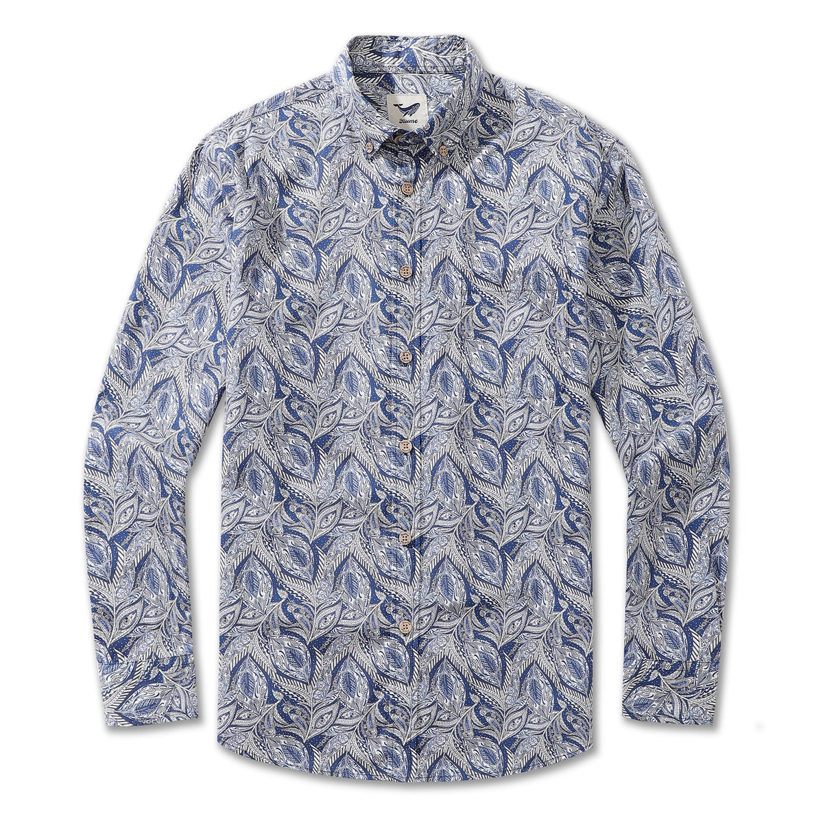 Men's Hawaiian Floral Pattern Series 1 Elm Tree Print Cotton Button-down Long Sleeve Aloha Shirt By Sun