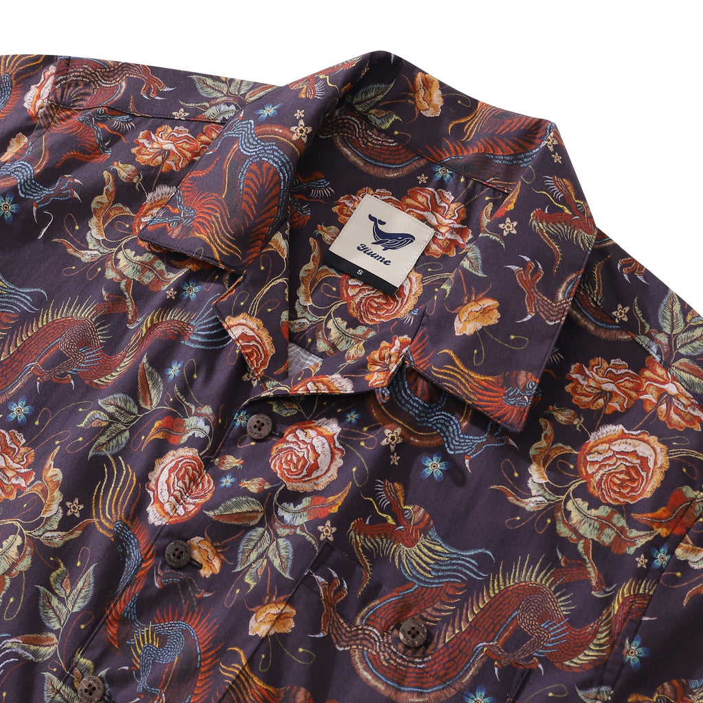 Hawaiian Shirt For Men Embroidered Dragon Pattern Shirt Camp Collar 100% Cotton By Sun