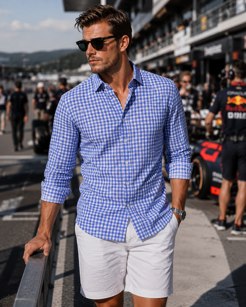 Mauro Long Sleeve Check Tech Shirt - Royal Blue
