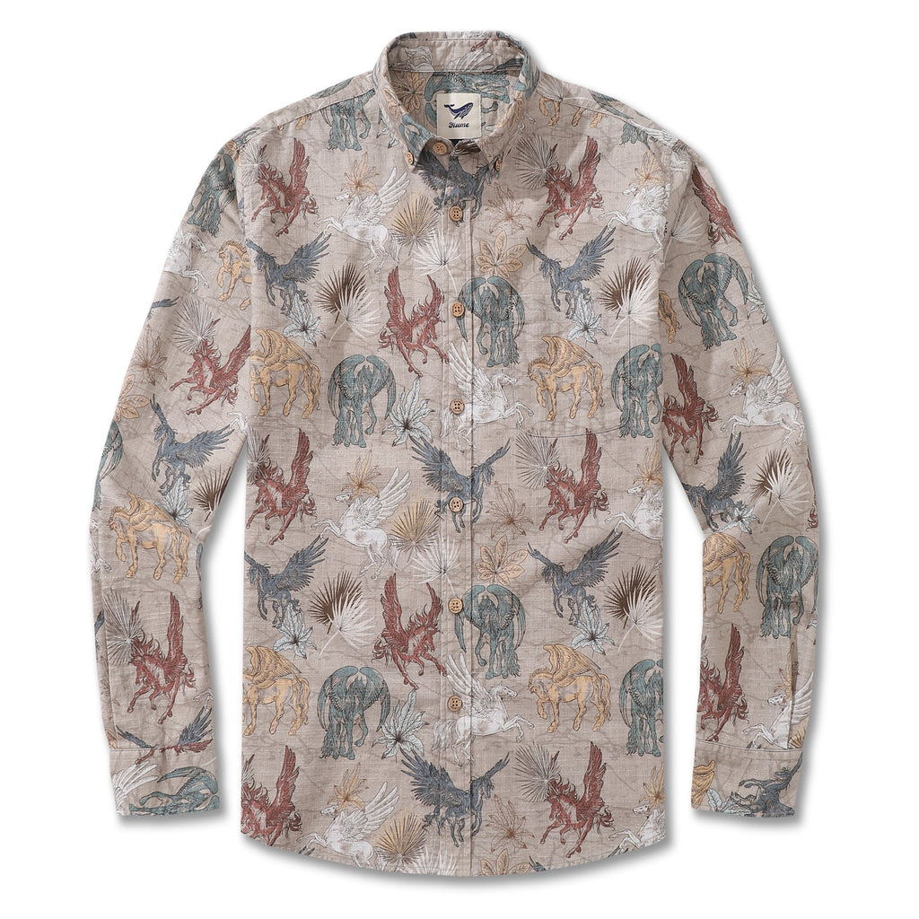 Men's Hawaiian Shirt Pegasus in Flight Cotton Button-down Long Sleeve Aloha Shirt By Sherry