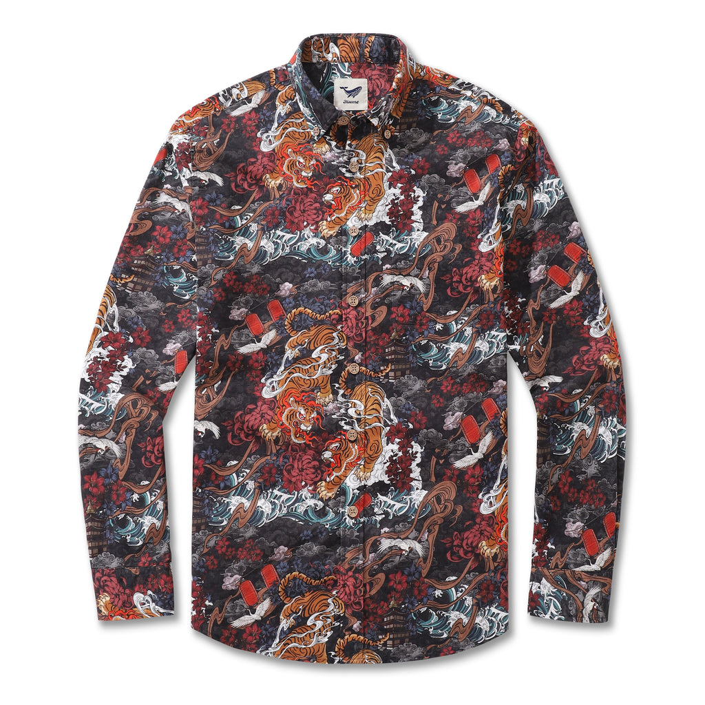 Long Sleeve Hawaiian Shirt For Men Tiger in the Mist Cotton Button-down Aloha Shirt By Yakima