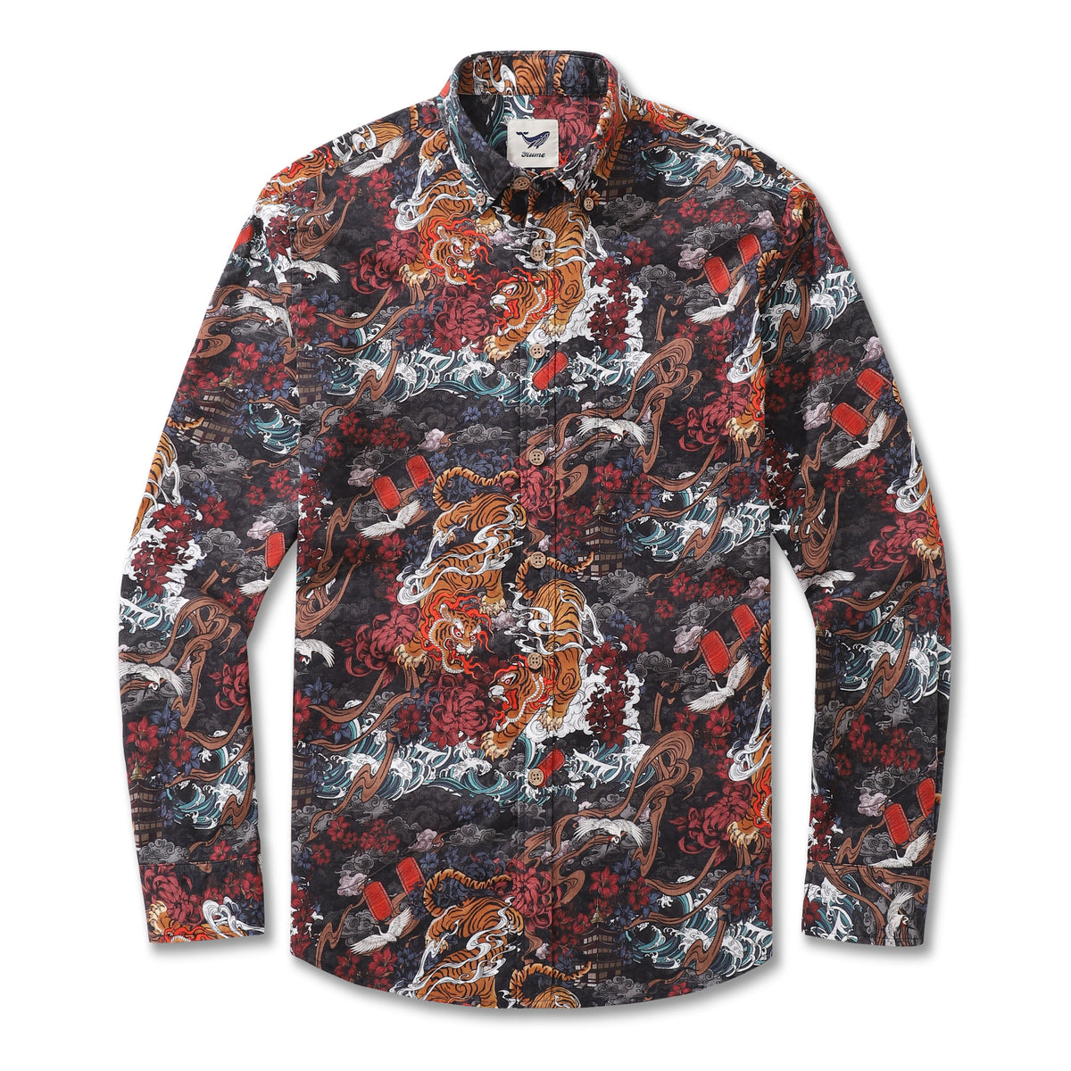 Long Sleeve Hawaiian Shirt For Men Tiger in the Mist Cotton Button-down Aloha Shirt By Yakima