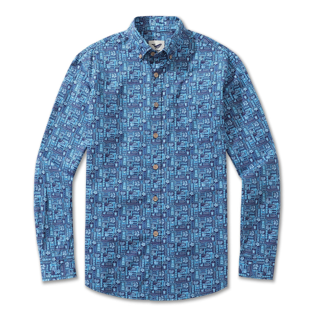 Men's Hawaiian Shirt TIKI Paradise Cotton Button-down Long Sleeve Aloha Shirt By Amy