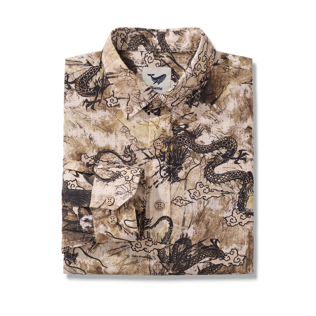 Long Sleeve Hawaiian Shirt For Men Dragon Totem Pattern Cotton Button-down Aloha Shirt By Sun